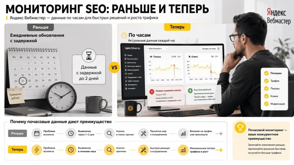 Почасовой мониторинг SEO в Яндекс Вебмастере для быстрого поиска просадок