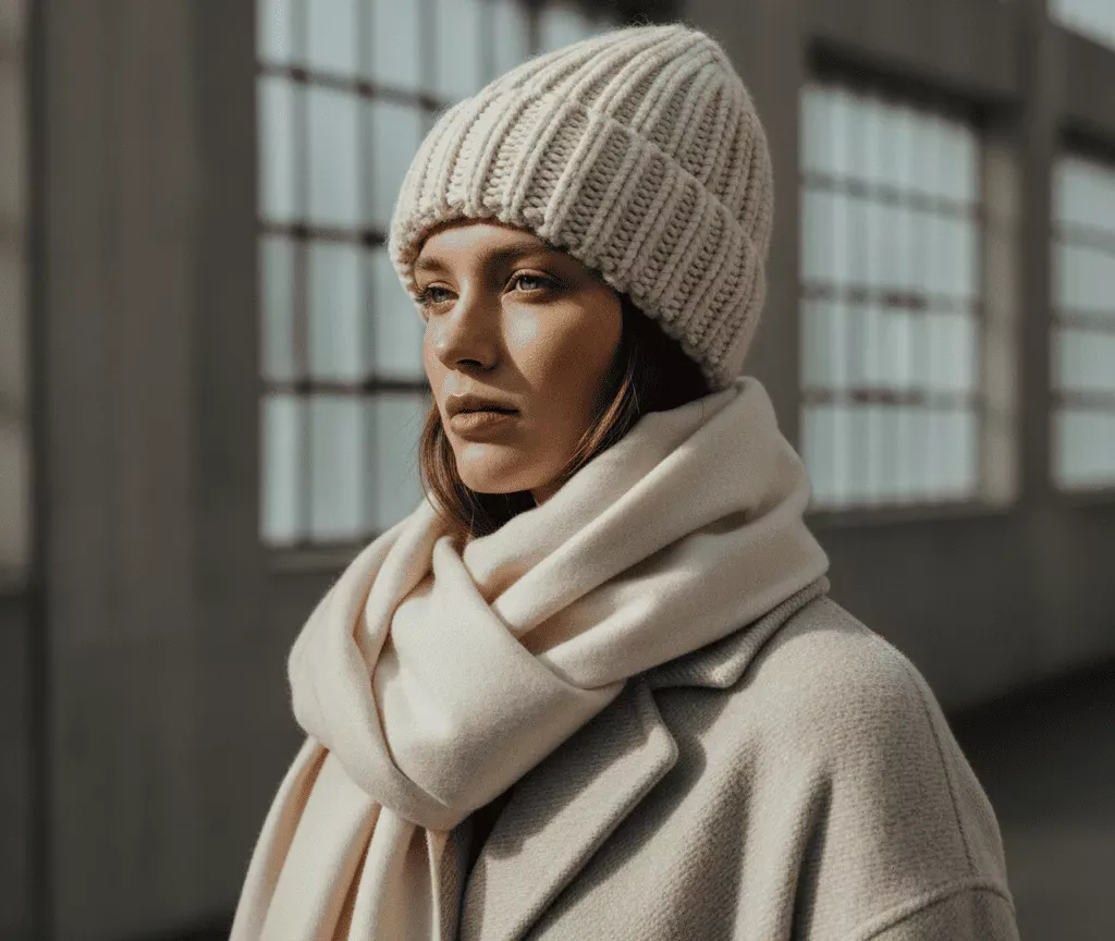 Женский образ в шапке и шарфе в стиле cozy-editorial
