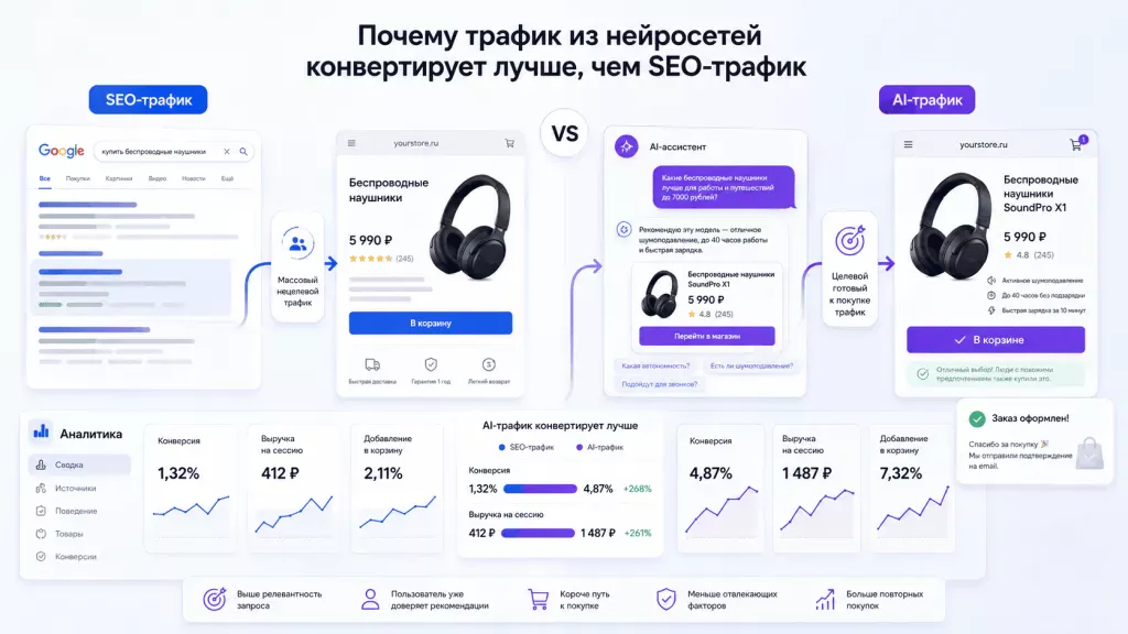 Сравнение конверсии трафика из нейросетей и обычного SEO-трафика Сравнение конверсии трафика из нейросетей и обычного SEO-трафика