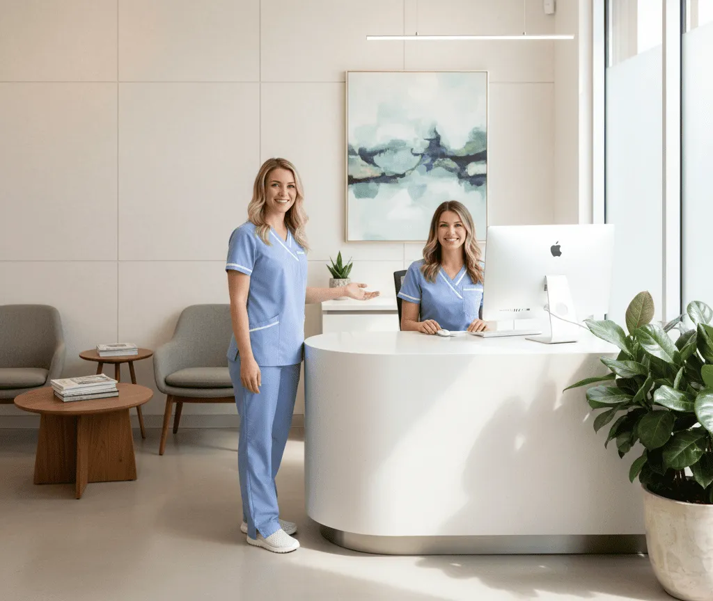 Ресепшен стоматологической клиники и персонал в рабочей зоне