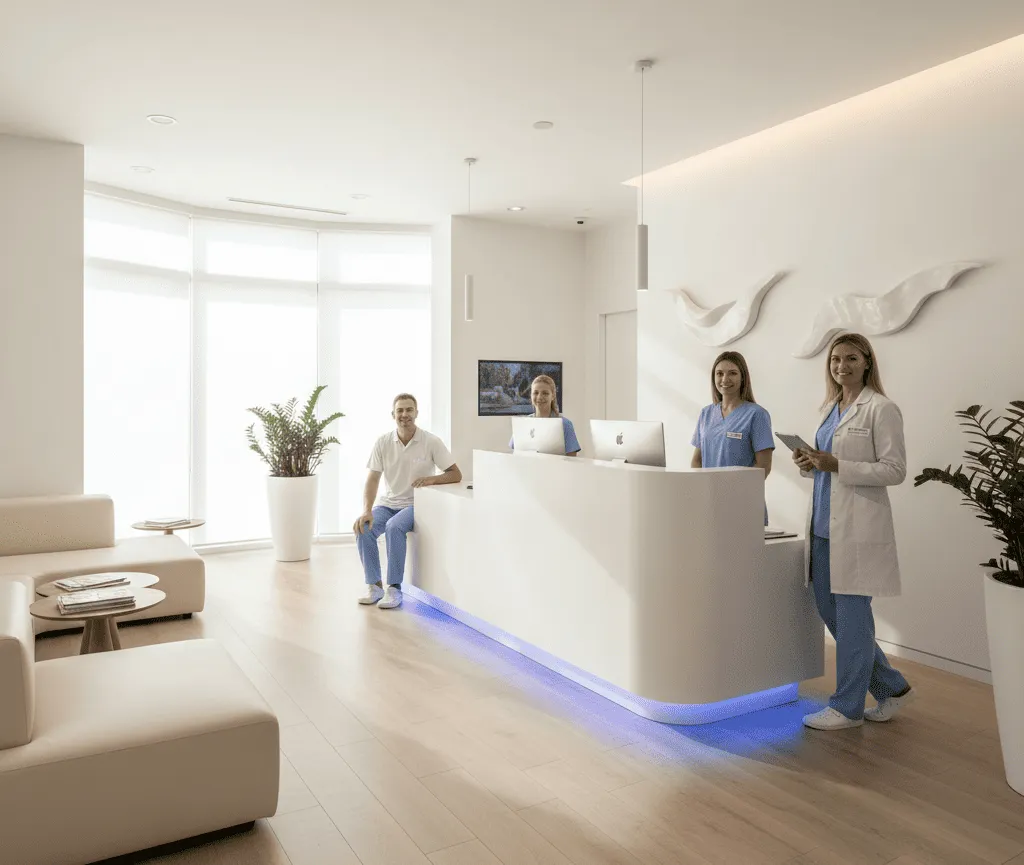 Ресепшен ортопедической клиники и персонал в рабочей зоне