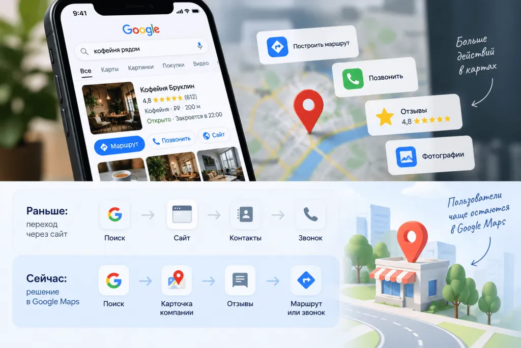 Путь клиента в Google Maps от поиска и отзывов до звонка или маршрута Путь клиента в Google Maps от поиска и отзывов до звонка или маршрута