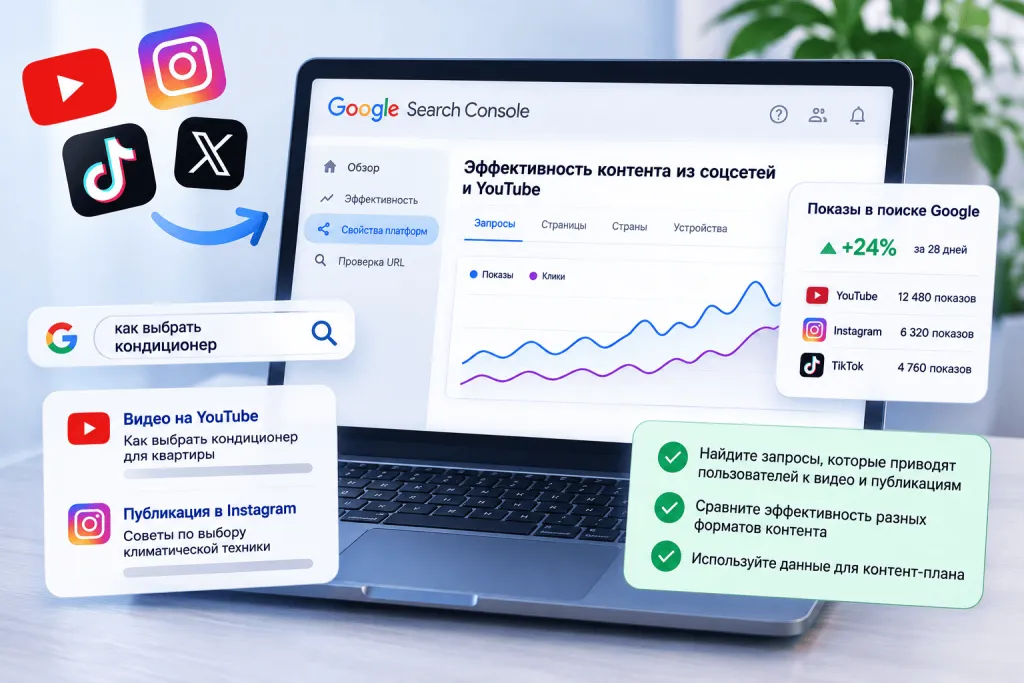 Свойства платформ в Google Search Console для YouTube и социальных сетей