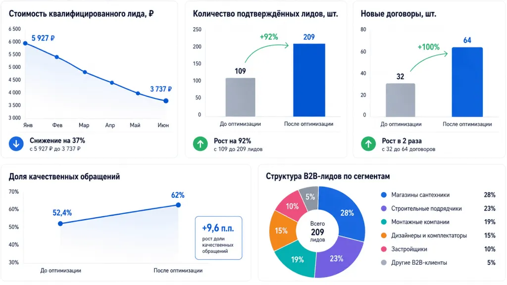 Результаты B2B-рекламы поставщика сантехники по лидам и новым договорам