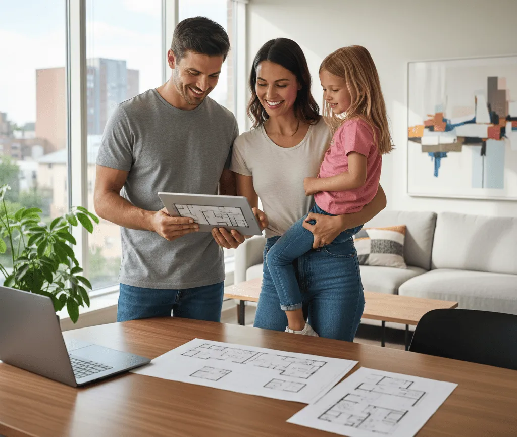 Покупатели выбирают квартиру в новостройке