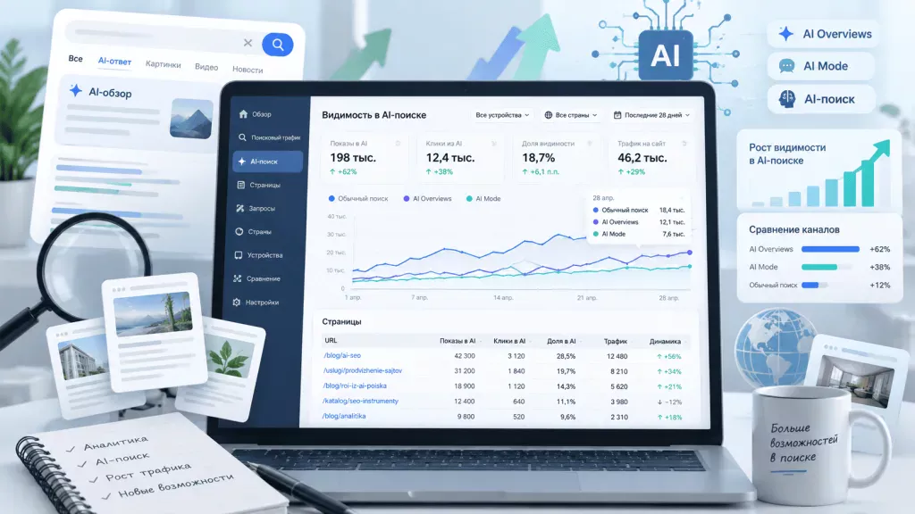 Аналитика видимости сайта в AI Overviews и AI Mode в Google Search Console Аналитика видимости сайта в AI Overviews и AI Mode в Google Search Console