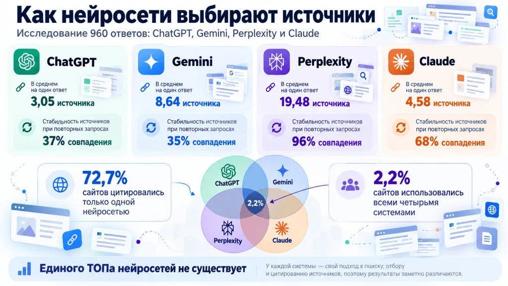 Сравнение источников ChatGPT, Gemini, Perplexity и Claude Сравнение источников ChatGPT, Gemini, Perplexity и Claude