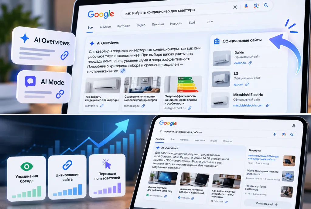 Упоминания брендов, цитирование сайтов и переходы из Google AI Упоминания брендов, цитирование сайтов и переходы из Google AI