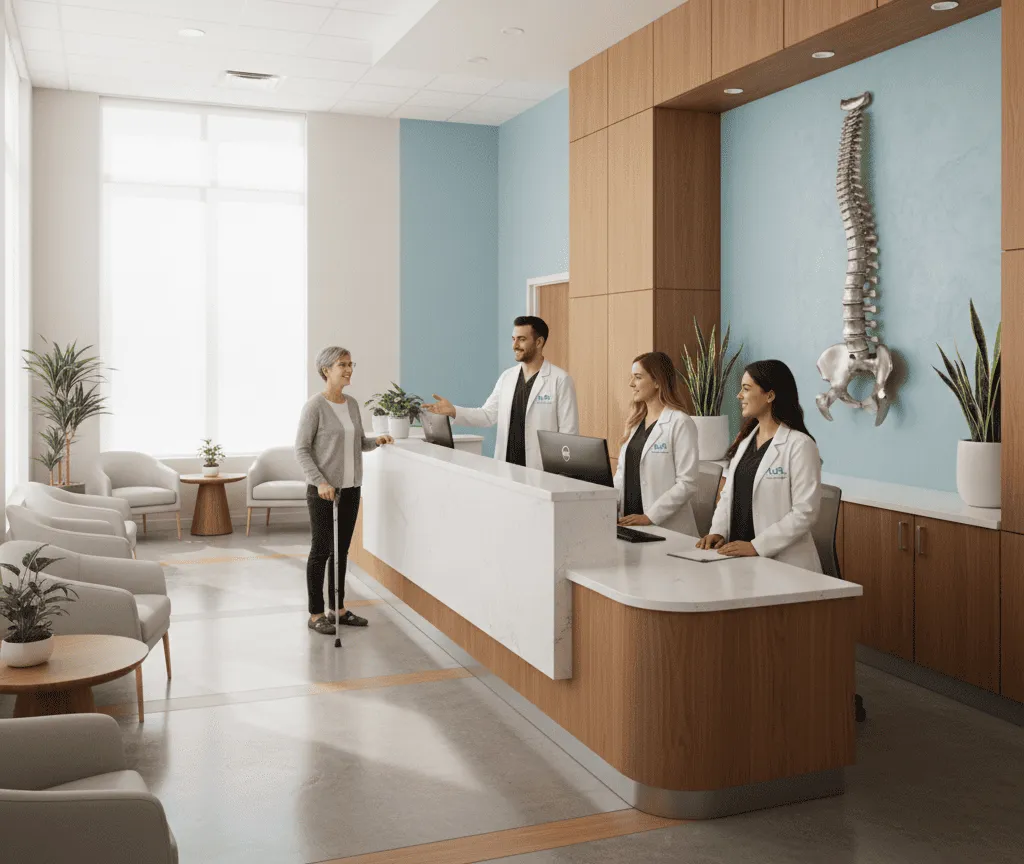 Ресепшен ортопедической клиники и медицинский персонал в рабочей зоне