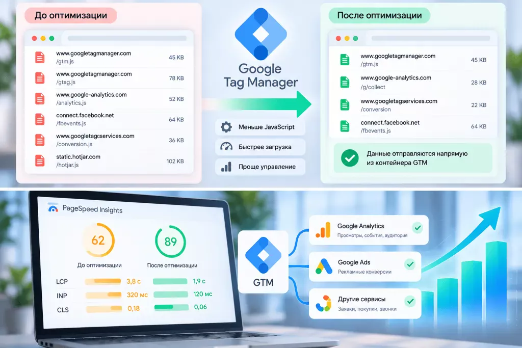 Сравнение скорости сайта и Core Web Vitals до и после оптимизации GTM