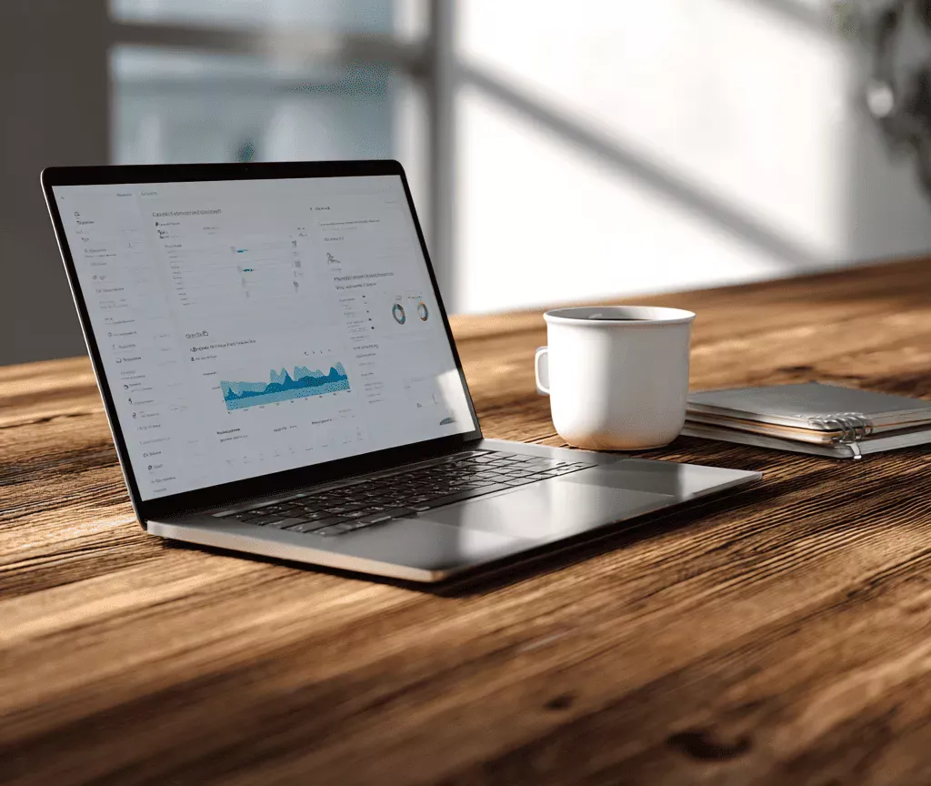 Рабочее место маркетолога с ноутбуком и аналитикой