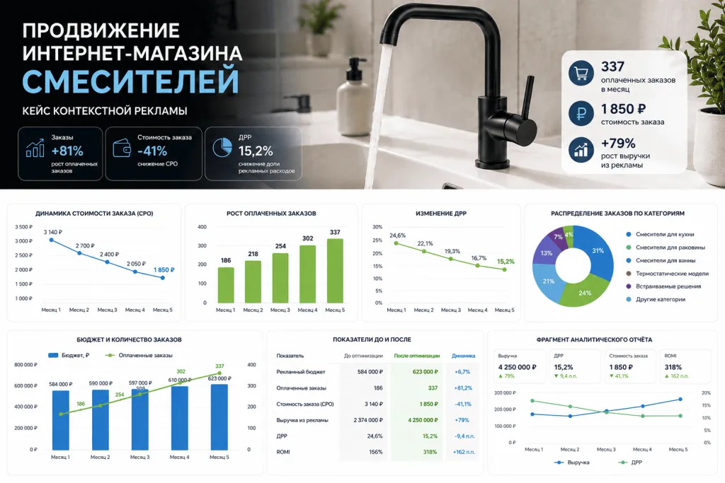 Результаты контекстной рекламы магазина смесителей CPO, ДРР, ROMI и продажи
