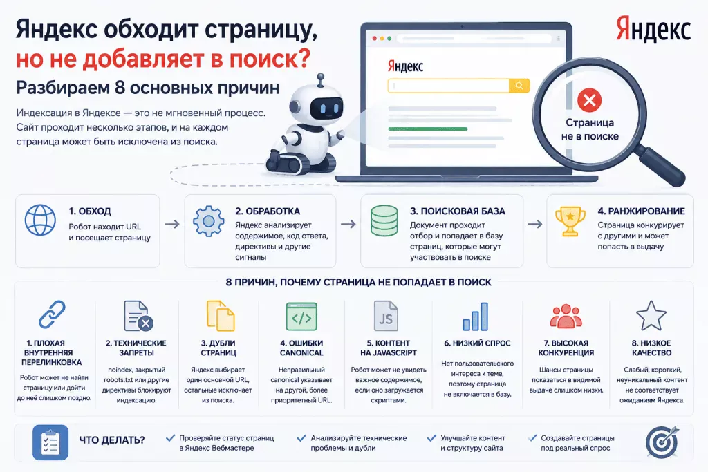 Причины исключения страниц из поиска Яндекса после обхода роботом Причины исключения страниц из поиска Яндекса после обхода роботом