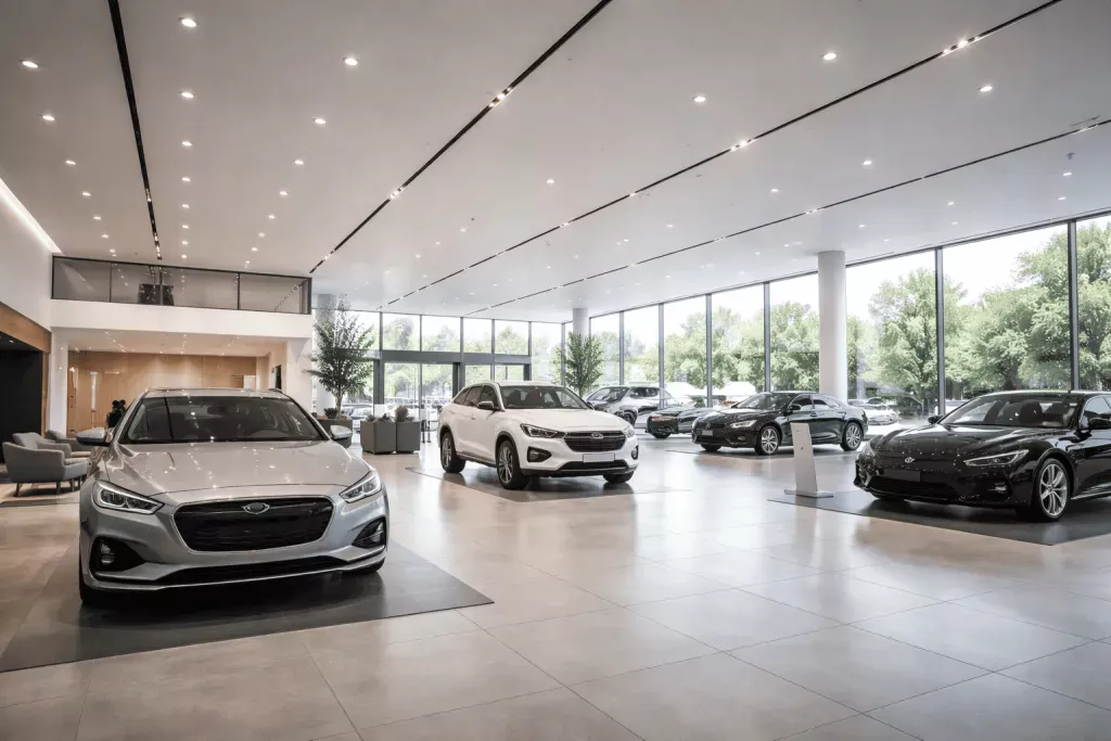 Современный автосалон с новыми автомобилями
