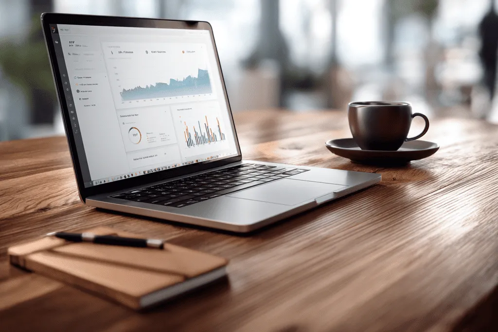 Рабочее место маркетолога с ноутбуком и аналитикой на экране.png