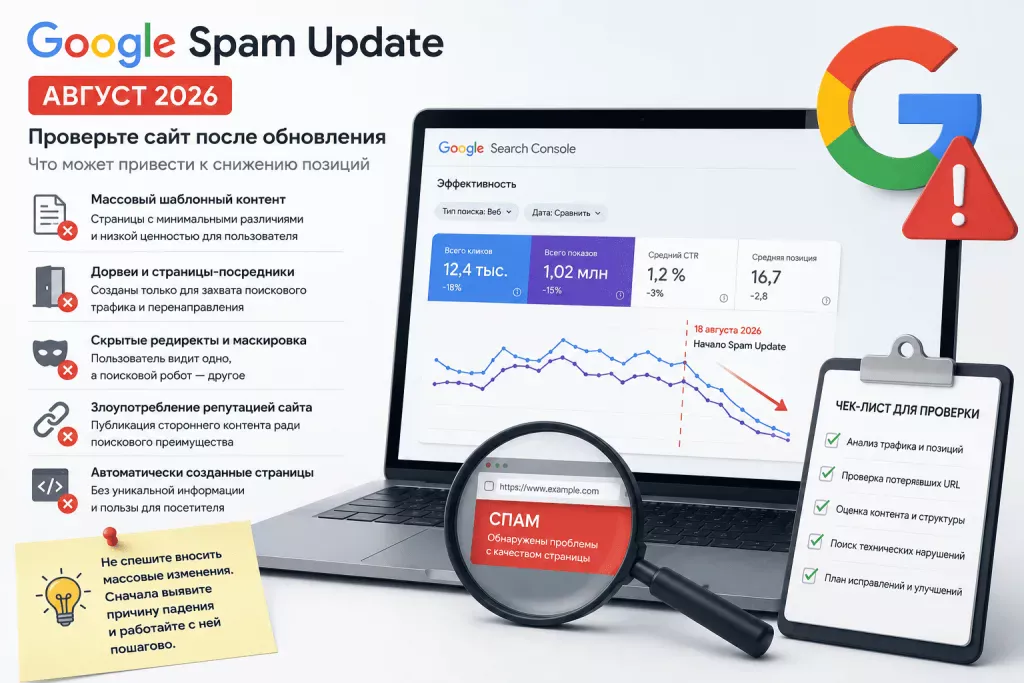 Google Spam Update август 2026 - анализ трафика и проблемных страниц в Search Console