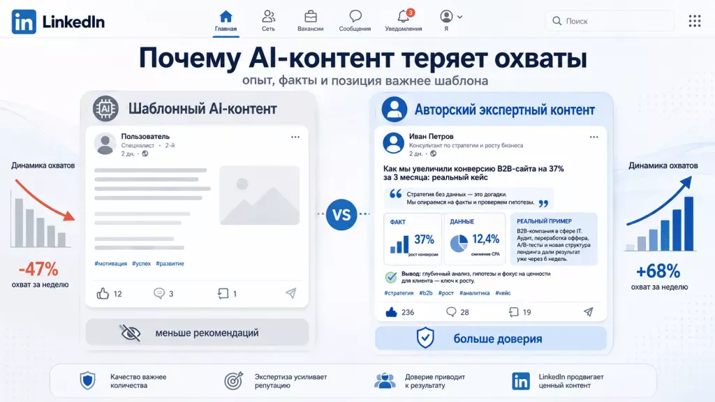 Почему шаблонный AI-контент теряет охваты в LinkedIn Почему шаблонный AI-контент теряет охваты в LinkedIn