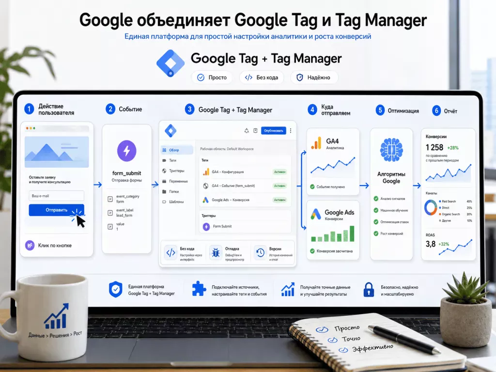 Объединение Google Tag и Google Tag Manager для настройки аналитики Объединение Google Tag и Google Tag Manager для настройки аналитики