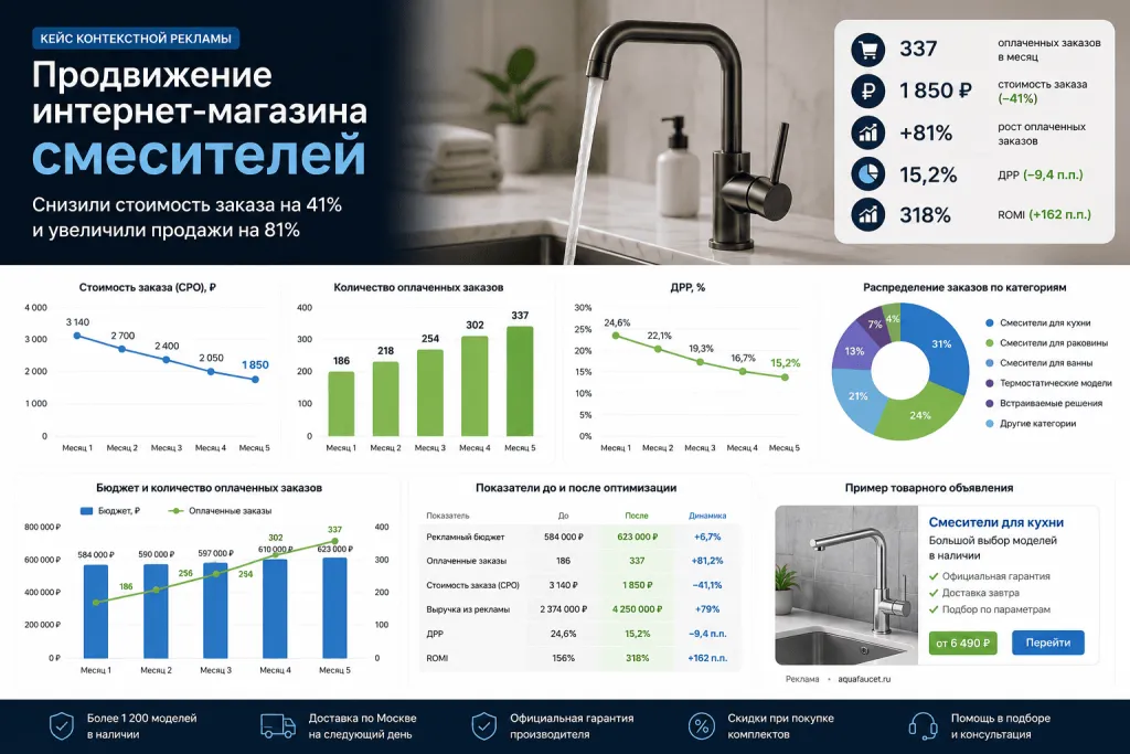 Динамика стоимости заказа, продаж и ДРР интернет-магазина смесителей