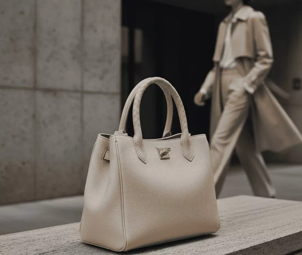 Модель с кожаной сумкой в городском минималистичном стиле