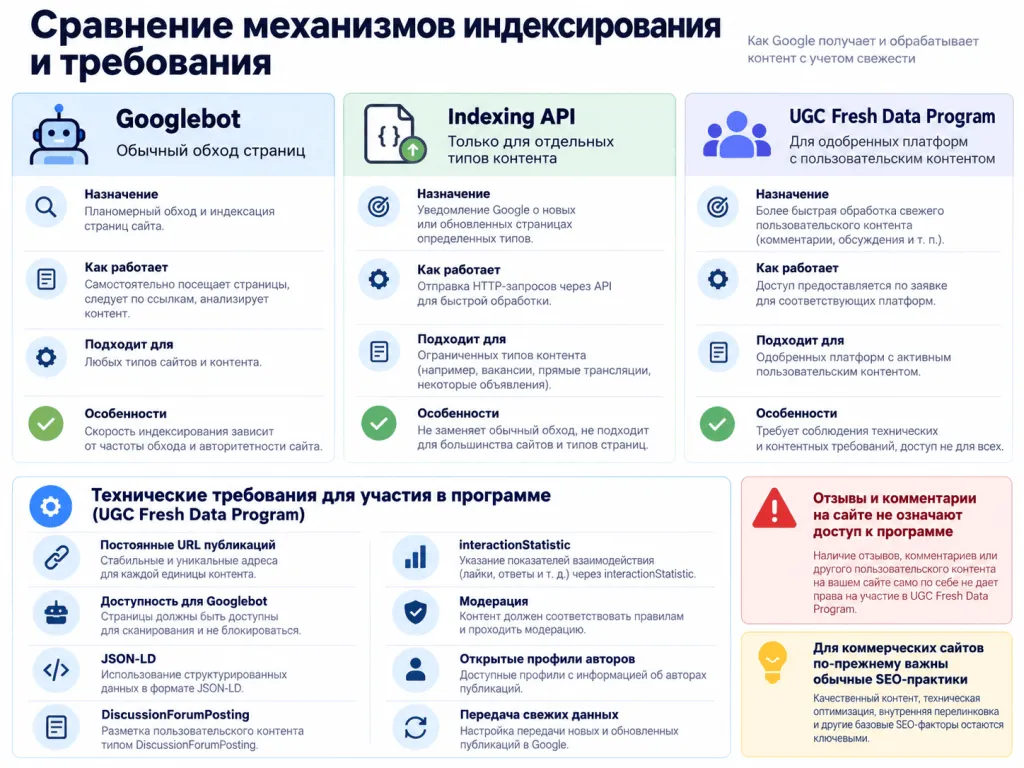 Сравнение Googlebot, Indexing API и UGC Fresh Data Program Сравнение Googlebot, Indexing API и UGC Fresh Data Program