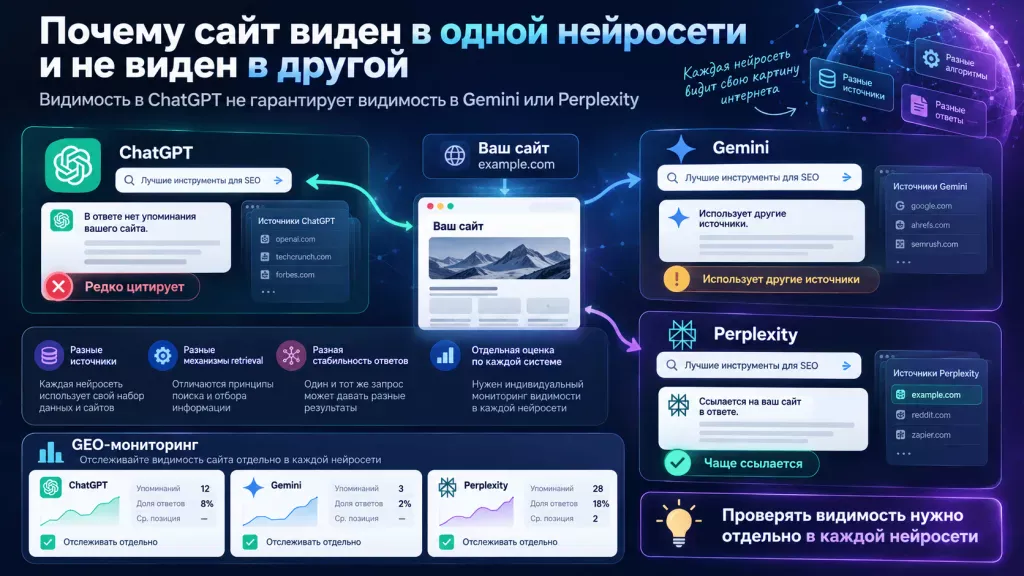 Почему сайт по-разному виден в ChatGPT, Gemini и Perplexity Почему сайт по-разному виден в ChatGPT, Gemini и Perplexity