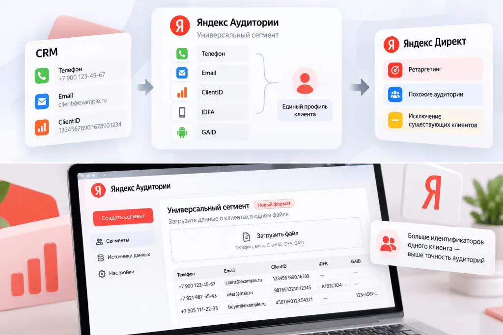 Универсальный сегмент Яндекс Аудиторий с телефоном, email и ClientID Универсальный сегмент Яндекс Аудиторий с телефоном, email и ClientID
