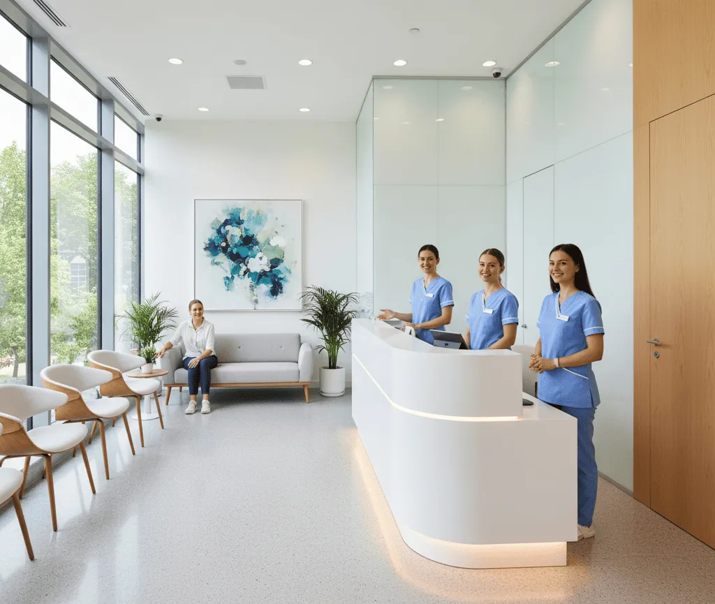 Ресепшен кардиологической клиники и персонал в рабочей зоне