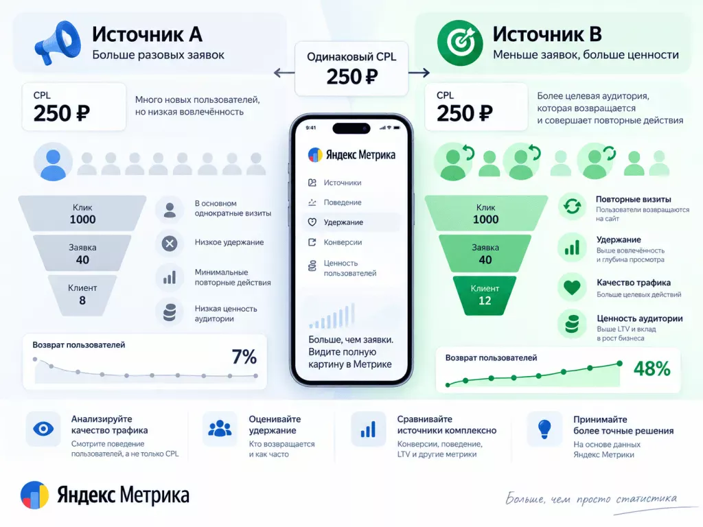 Сравнение качества трафика и удержания пользователей в Яндекс Метрике Сравнение качества трафика и удержания пользователей в Яндекс Метрике