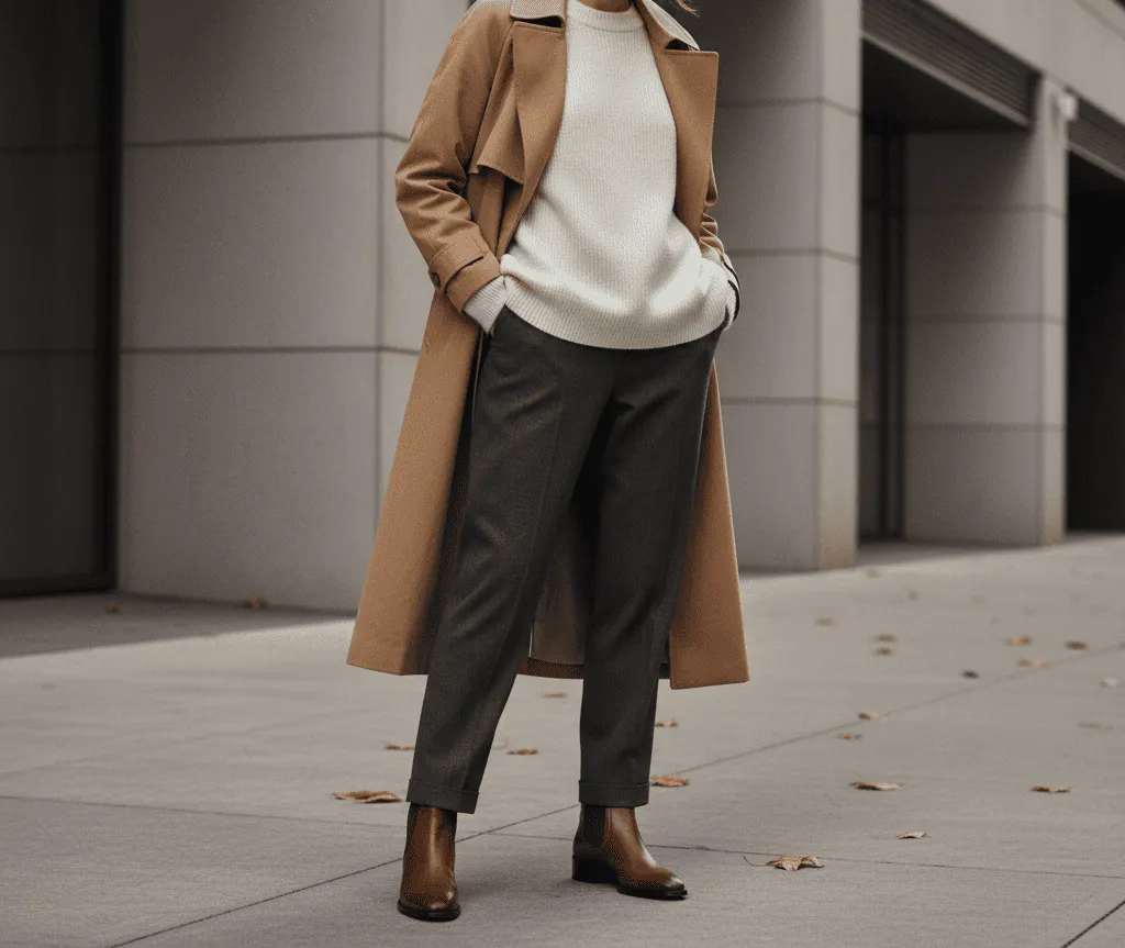 Модель в кожаных ботильонах в минималистичном street-fashion стиле