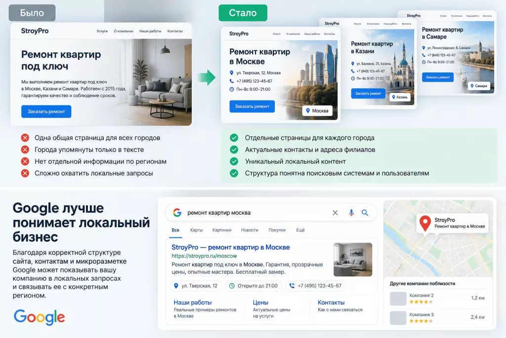 Локальное SEO Google для компаний с филиалами в разных городах
