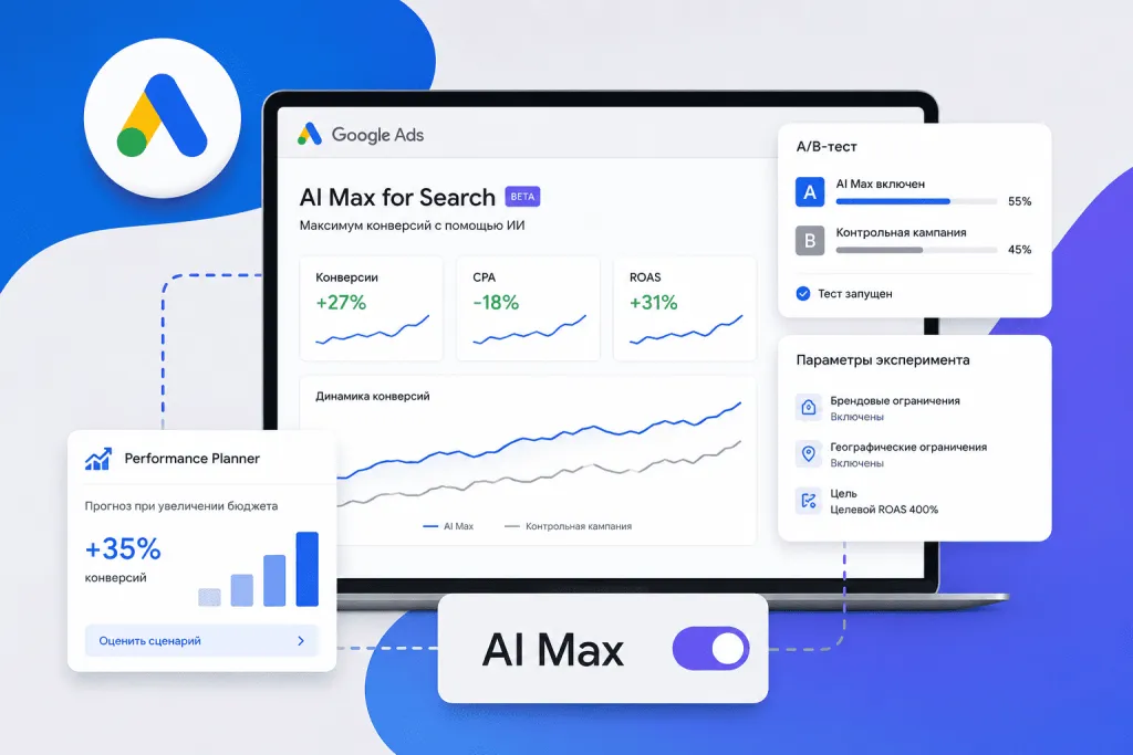 Тестирование AI Max и сравнение CPA и ROAS в Google Ads Тестирование AI Max и сравнение CPA и ROAS в Google Ads