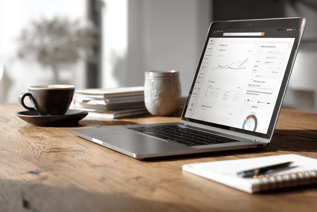 Рабочее место маркетолога с ноутбуком и аналитическим дашбордом