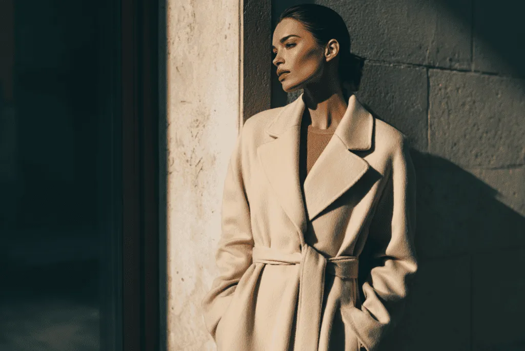 Модель в длинном шерстяном пальто на городском фоне