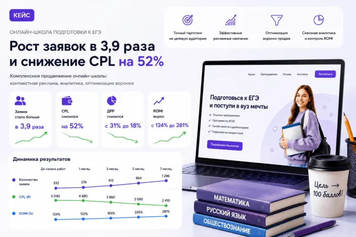 Продвижение онлайн-школы ЕГЭ - рост заявок в 4 раза 