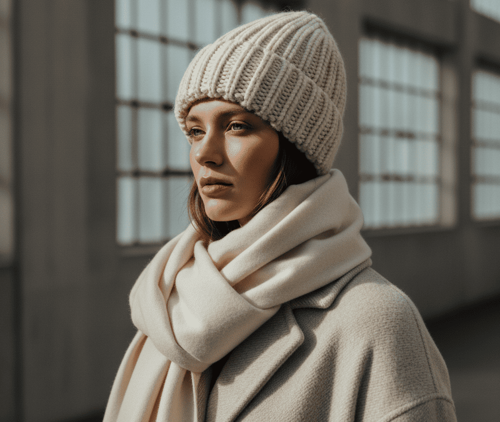 Женский образ в шапке и шарфе в стиле cozy-editorial