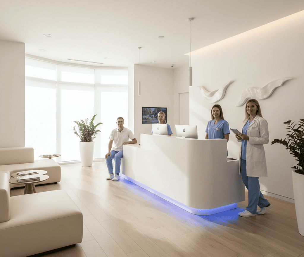 Ресепшен ортопедической клиники и персонал в рабочей зоне