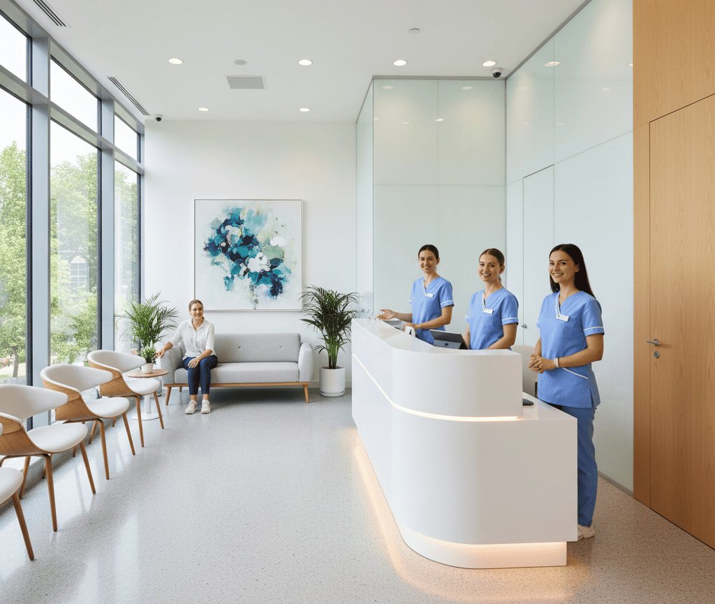 Ресепшен кардиологической клиники и персонал в рабочей зоне