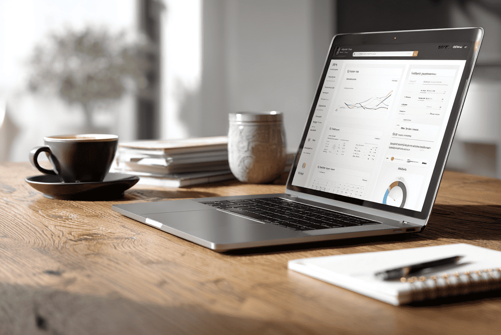 Рабочее место маркетолога с ноутбуком и аналитическим дашбордом