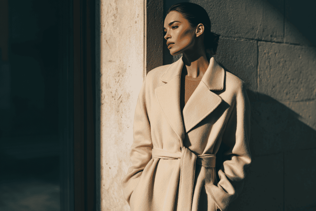 Модель в длинном шерстяном пальто на городском фоне